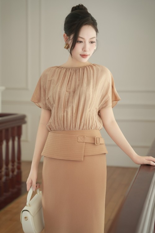 Sixdo Brownish-beige Woven Pencil Dress